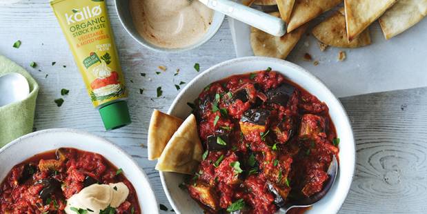 Moroccan Aubergine Stew with Crispy Pitta Chips and Paprika Yoghurt