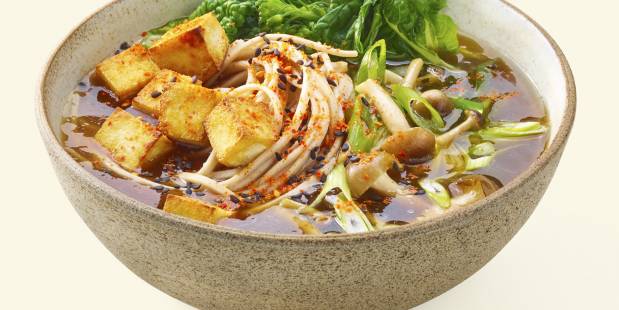 Ramen with vegetable broth, tofu, mushrooms and greens