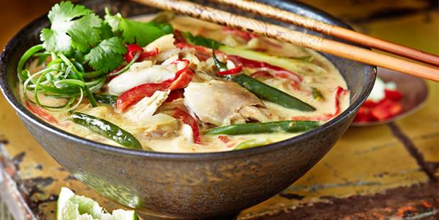 Thai curried chicken, vegetable and coconut soup