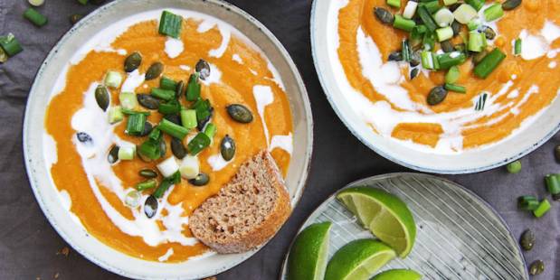 Sweet potato, carrot, miso and ginger soup