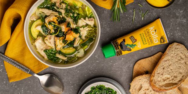 Green Vegetable and Chicken Soup with Salsa Verde and Croutons