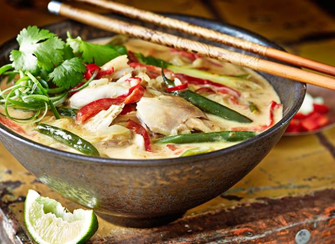 Thai curried chicken, vegetable and coconut soup