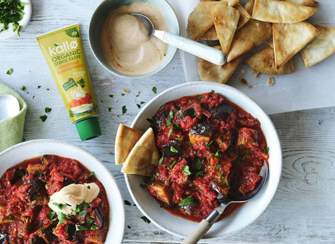 Moroccan Aubergine Stew with Crispy Pitta Chips and Paprika Yoghurt