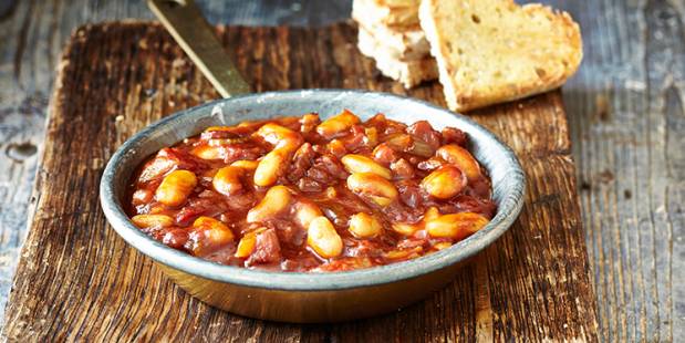 Homemade Boston baked beans with toasted sourdough