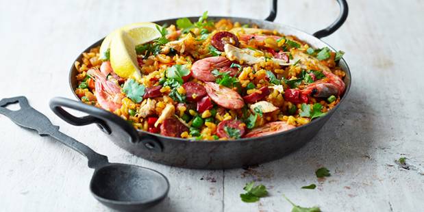 Easy baked paella with chorizo, chicken and prawns