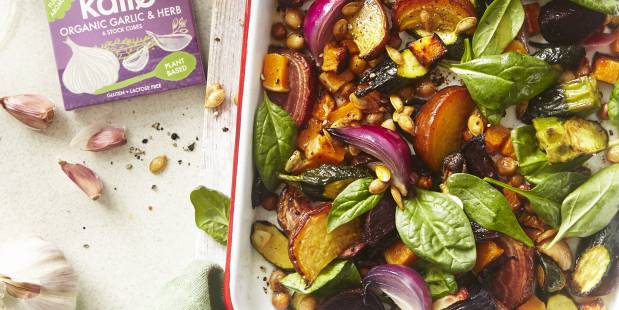 Rainbow vegetable and chickpea tray bake