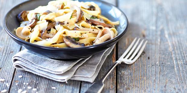 Mushroom ragout with cream and parmesan, served with tagliatelle