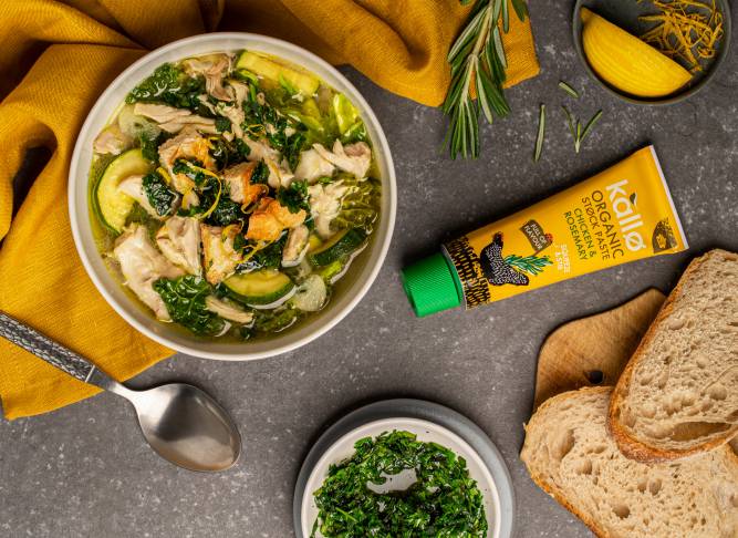 Green Vegetable and Chicken Soup with Salsa Verde and Croutons