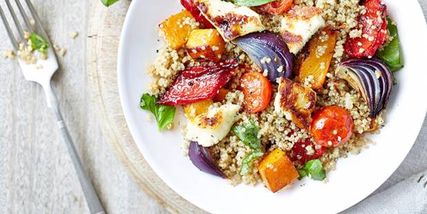 Quinoa salad with roasted Mediterranean vegetables and halloumi